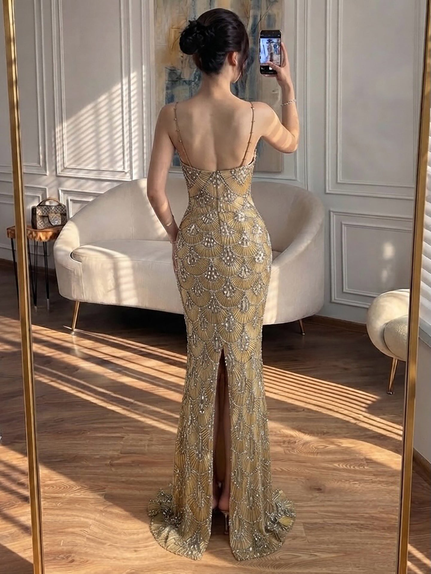 Luxury Gold Beaded Mermaid Evening Dress CLA73733