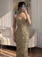 Luxury Gold Beaded Mermaid Evening Dress CLA73733