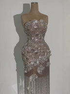 Luxury Silver Strapless Scalloped Beaded Asymmetric Tassel Dress LA73733A