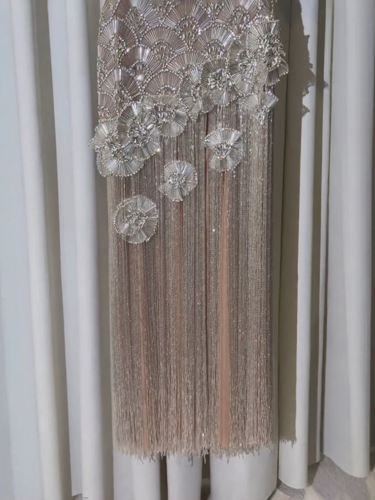 Luxury Silver Strapless Scalloped Beaded Asymmetric Tassel Dress LA73733A