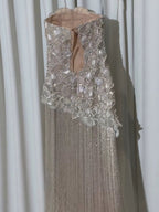 Luxury Silver Strapless Scalloped Beaded Asymmetric Tassel Dress LA73733A