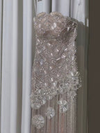Luxury Silver Strapless Scalloped Beaded Asymmetric Tassel Dress LA73733A