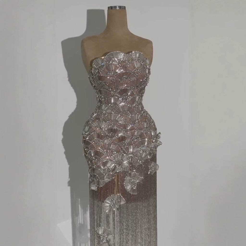 Luxury Silver Strapless Scalloped Beaded Asymmetric Tassel Dress LA73733A