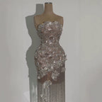 Luxury Silver Strapless Scalloped Beaded Asymmetric Tassel Dress LA73733A