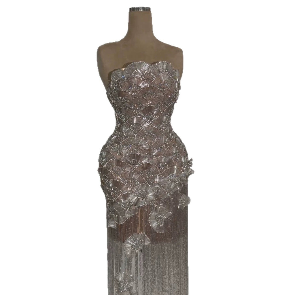 Luxury Silver Strapless Scalloped Beaded Asymmetric Tassel Dress LA73733A