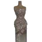 Luxury Silver Strapless Scalloped Beaded Asymmetric Tassel Dress LA73733A