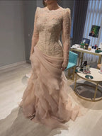 Luxury Nude Beaded Mermaid Dress with Ruffles CLA73736