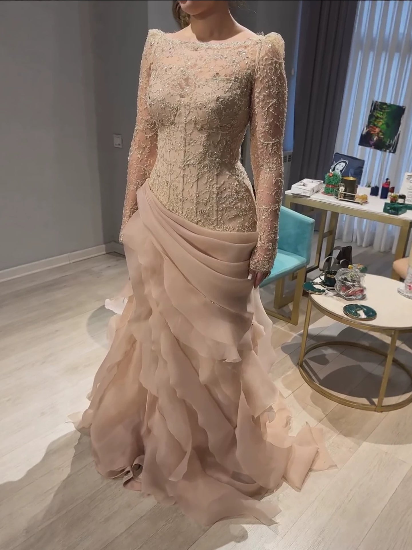Luxury Nude Beaded Mermaid Dress with Ruffles CLA73736