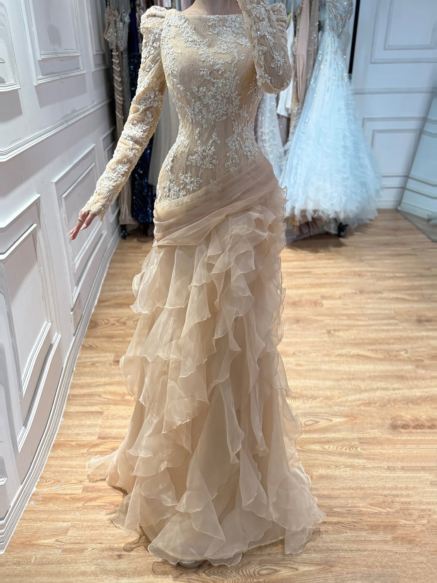 Nude Lace Beaded Mermaid Evening Gown Long Puff Sleeve Tiered Ruffle Tulle Mermaid Dress CLA73736
