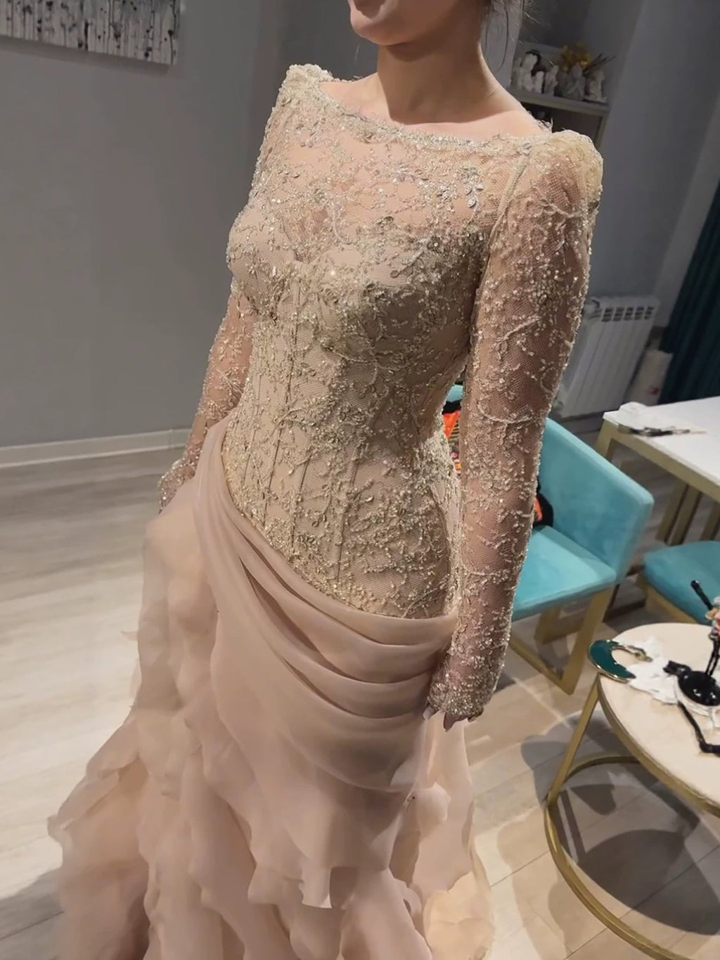 Luxury Nude Beaded Mermaid Dress with Ruffles CLA73736