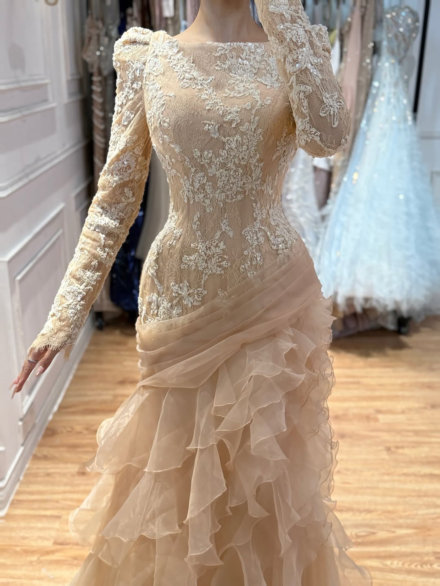 Nude Lace Beaded Mermaid Evening Gown Long Puff Sleeve Tiered Ruffle Tulle Mermaid Dress CLA73736