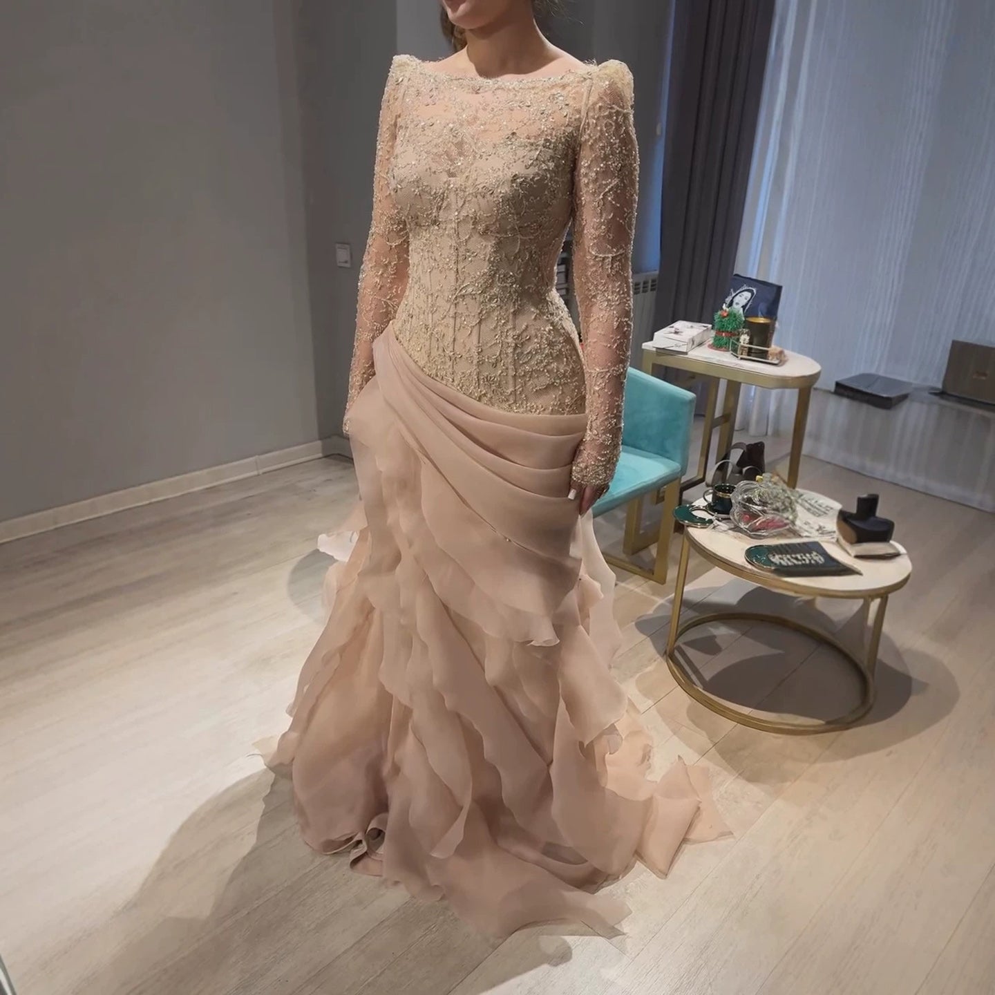Luxury Nude Beaded Mermaid Dress with Ruffles CLA73736