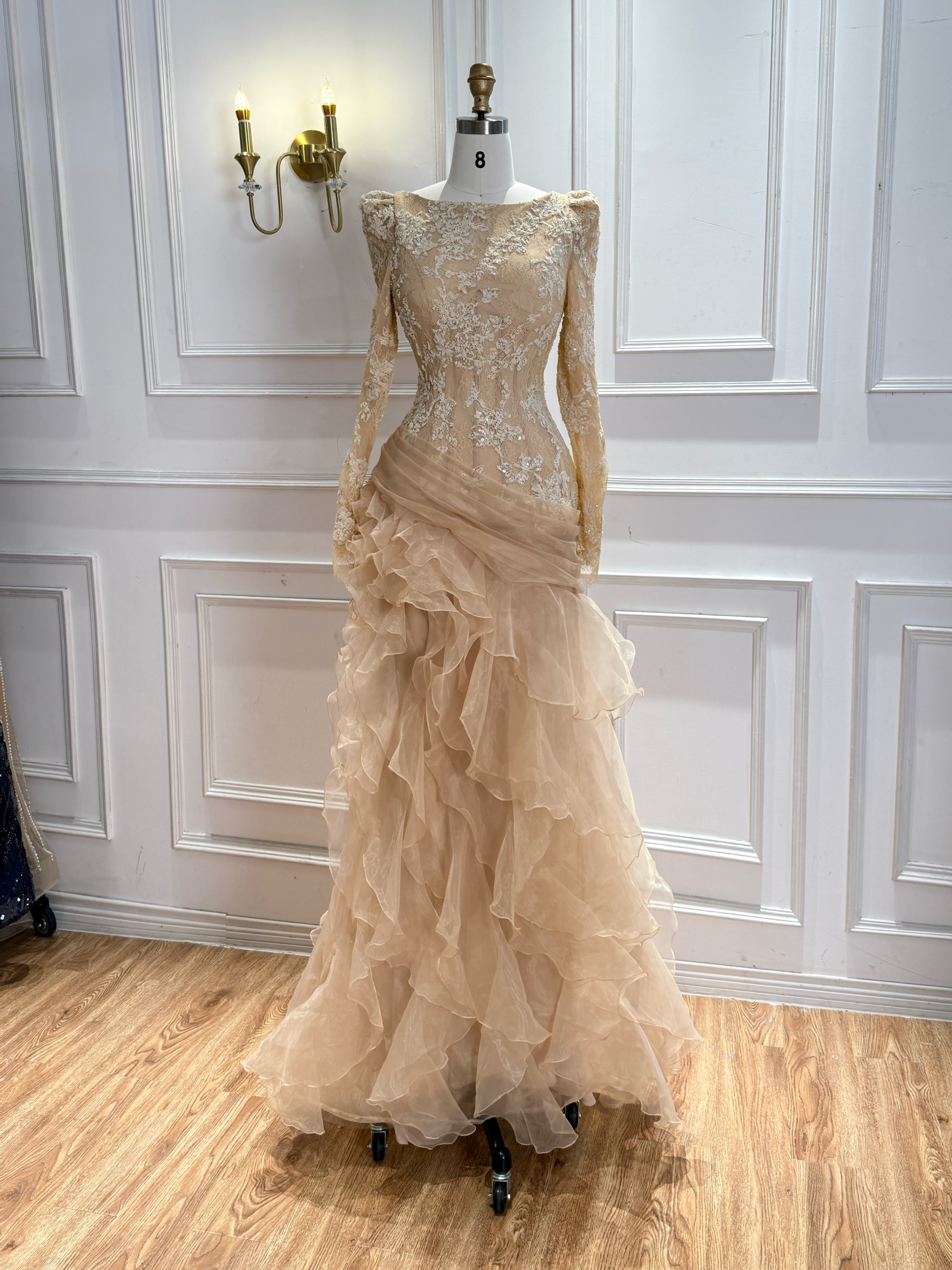 Nude Lace Beaded Mermaid Evening Gown Long Puff Sleeve Tiered Ruffle Tulle Mermaid Dress CLA73736