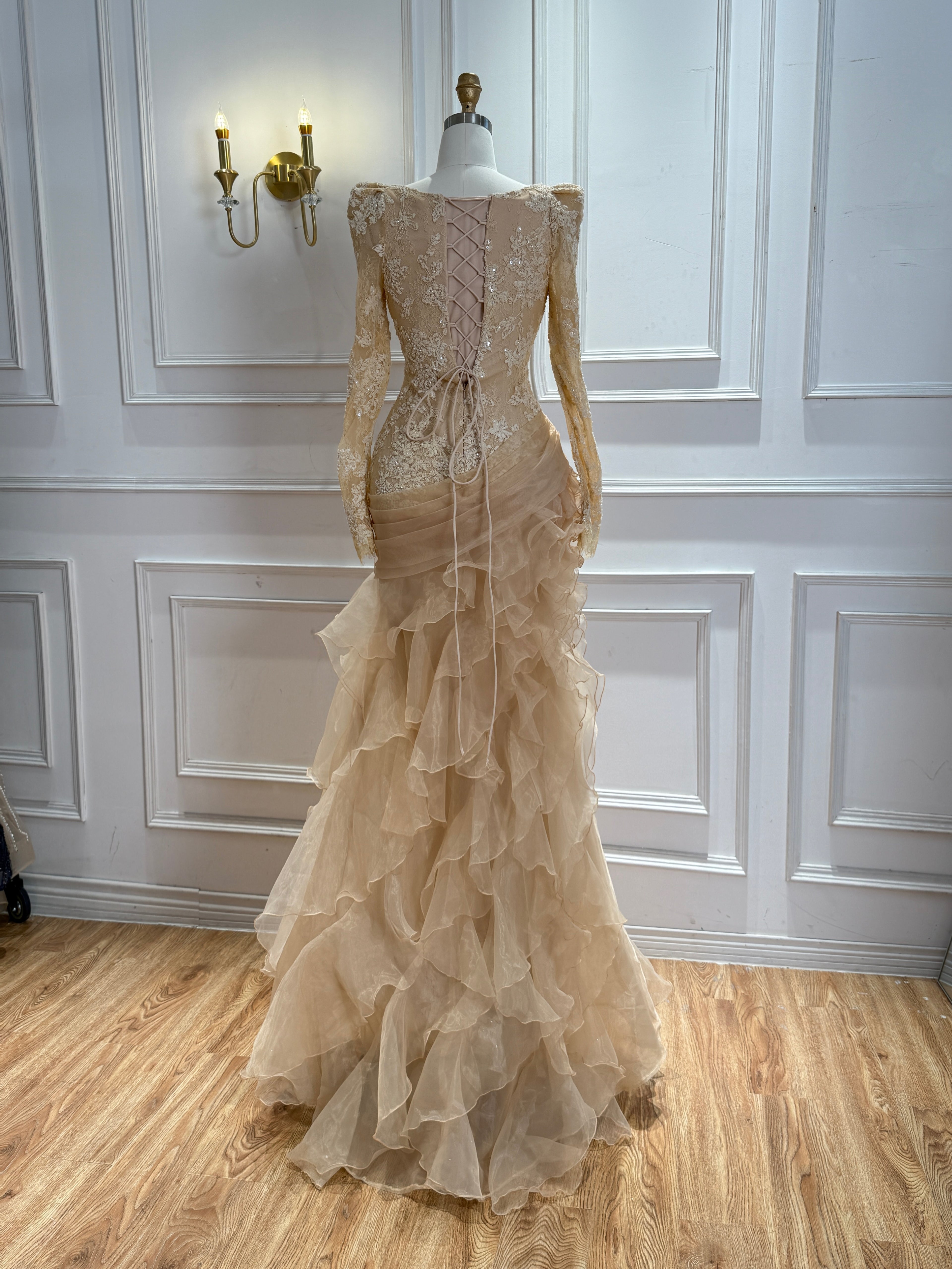 Nude Lace Beaded Mermaid Evening Gown Long Puff Sleeve Tiered Ruffle Tulle Mermaid Dress CLA73736