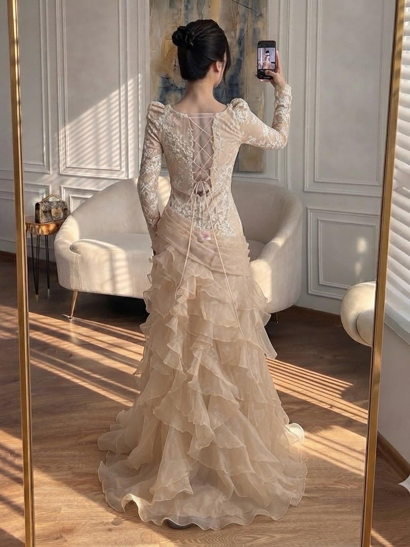 Nude Lace Beaded Mermaid Evening Gown Long Puff Sleeve Tiered Ruffle Tulle Mermaid Dress CLA73736
