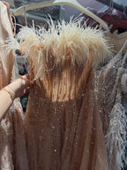 Luxury Caramel Feather Beaded Off Shoulder A Line Dress CLA73737