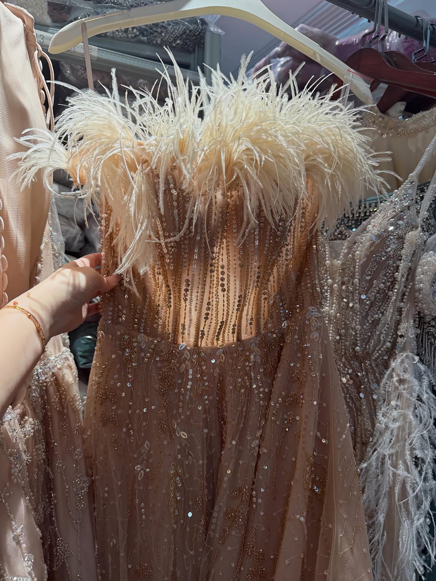 Luxury Caramel Feather Beaded Off Shoulder A Line Dress CLA73737
