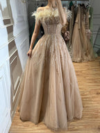 Luxury Caramel Feather Beaded Off Shoulder A Line Dress CLA73737