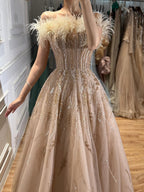 Luxury Caramel Feather Beaded Off Shoulder A Line Dress CLA73737