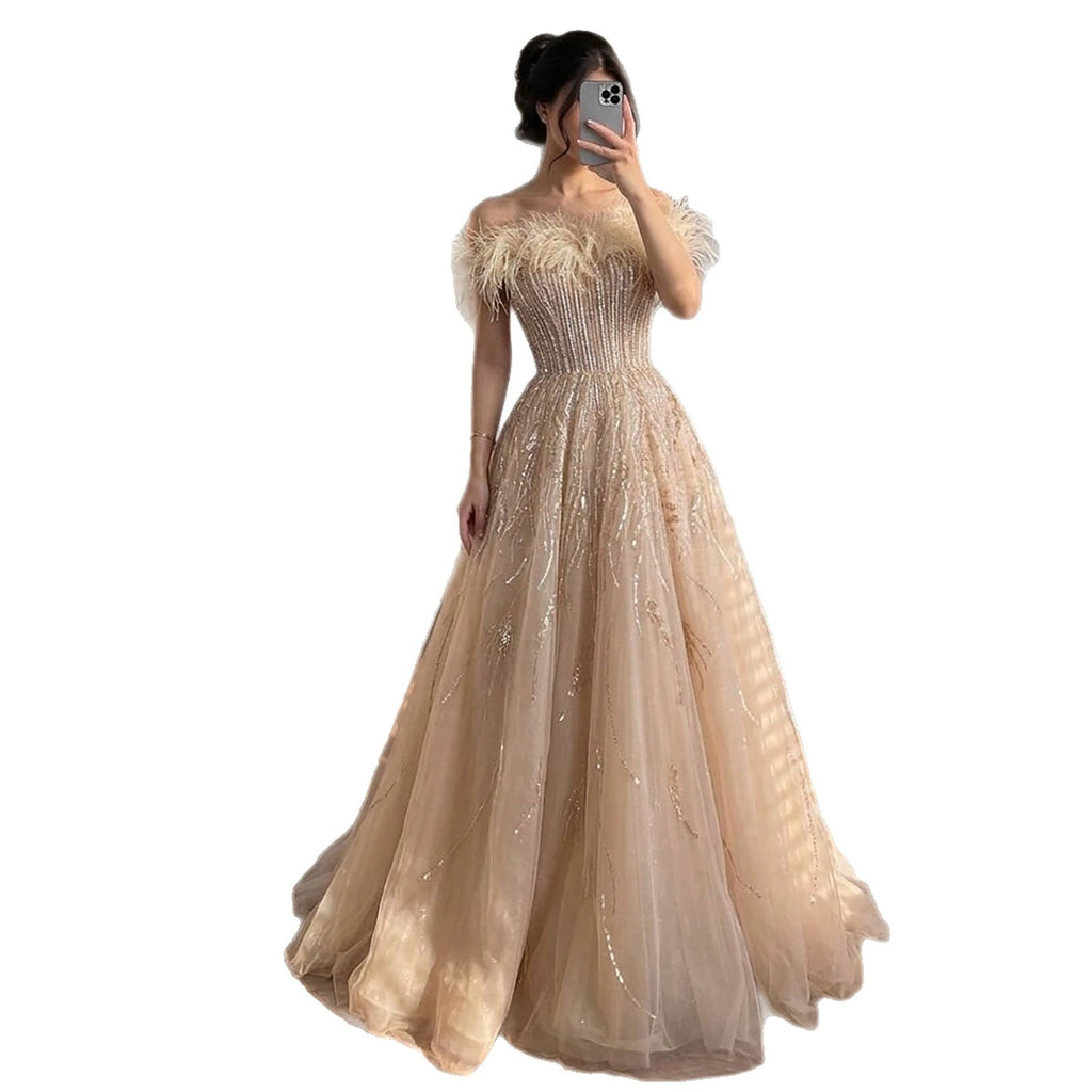 Luxury Caramel Feather Beaded Off Shoulder A Line Dress CLA73737