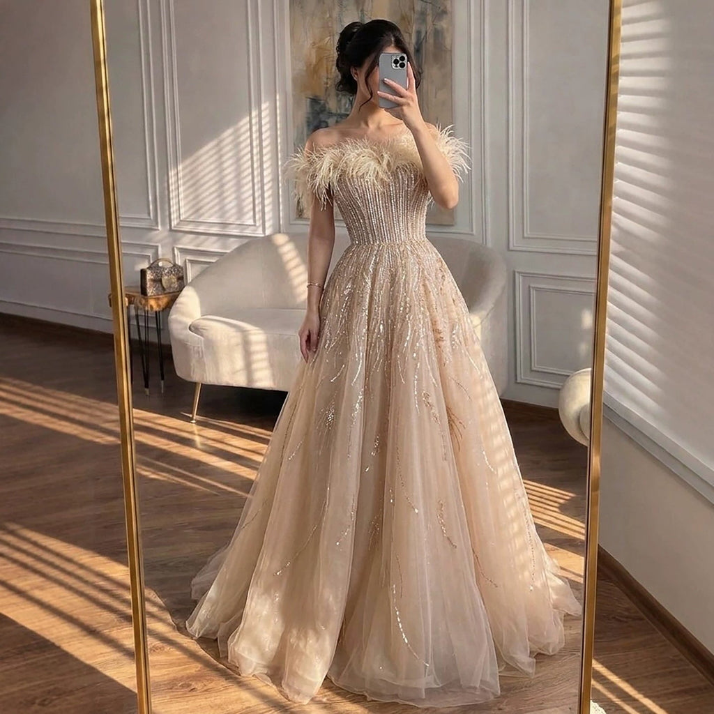 Luxury Caramel Feather Beaded Off Shoulder A Line Dress CLA73737
