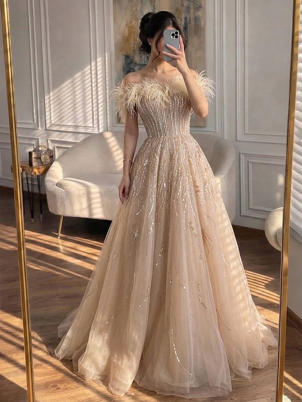 Luxury Caramel Feather Beaded Off Shoulder A Line Dress CLA73737
