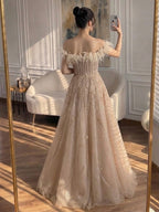 Luxury Caramel Feather Beaded Off Shoulder A Line Dress CLA73737