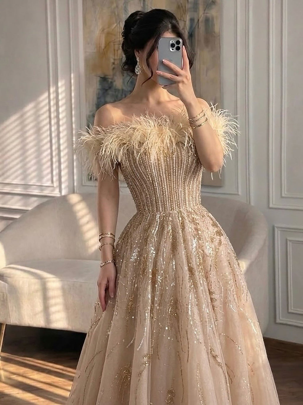 Luxury Caramel Feather Beaded Off Shoulder A Line Dress CLA73737