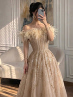 Luxury Caramel Feather Beaded Off Shoulder A Line Dress CLA73737
