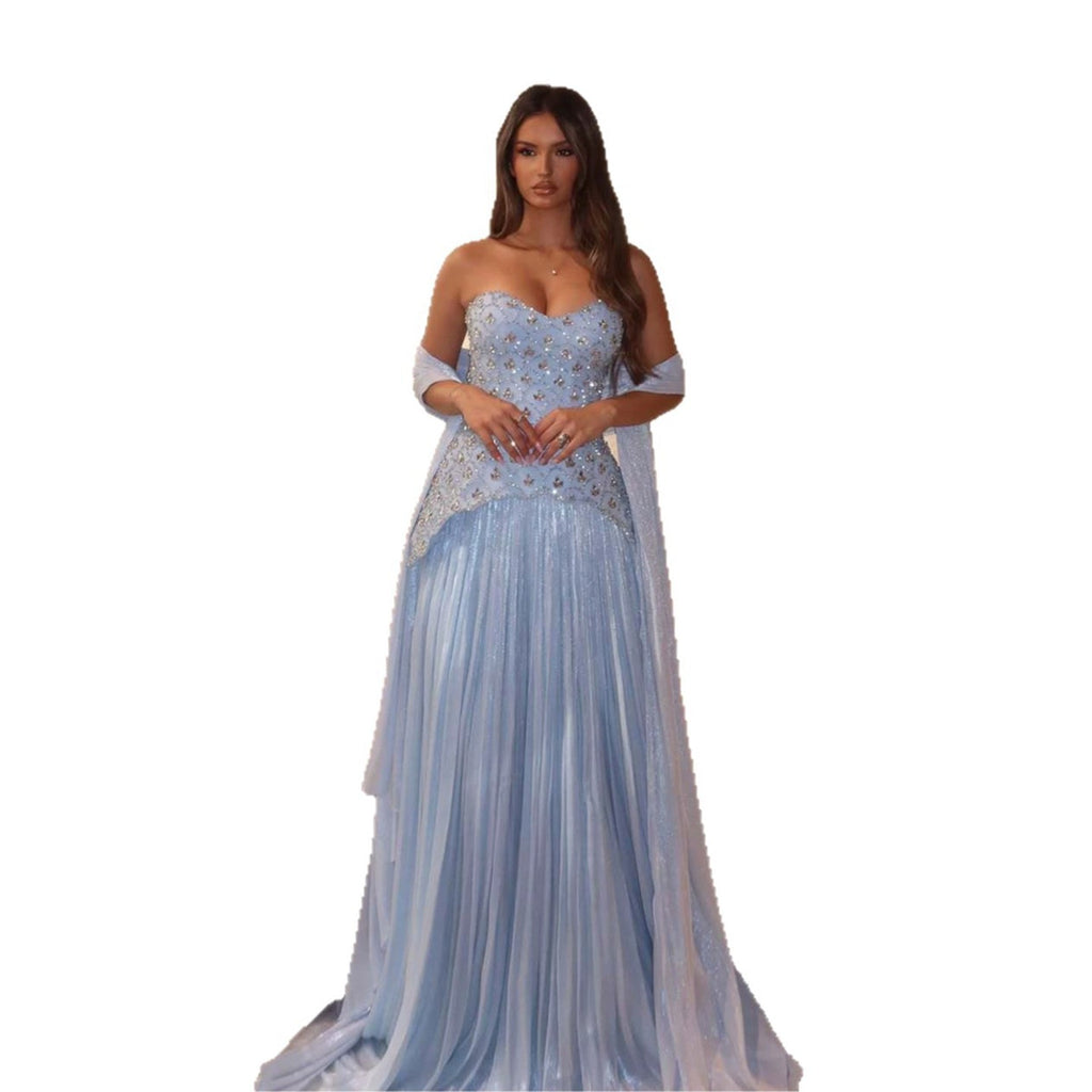 Luxury Blue Crystal Beaded A Line Dress with Shawl CLA73738