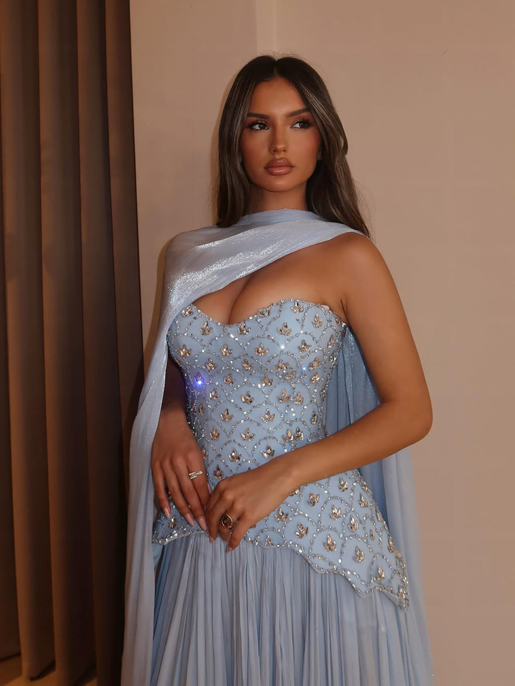Luxury Blue Crystal Beaded A Line Dress with Shawl CLA73738