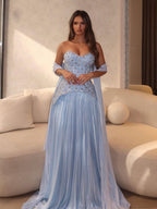 Luxury Blue Crystal Beaded A Line Dress with Shawl CLA73738