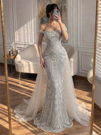 Luxury Silver Nude Crystal Beaded Mermaid Dress LA73740