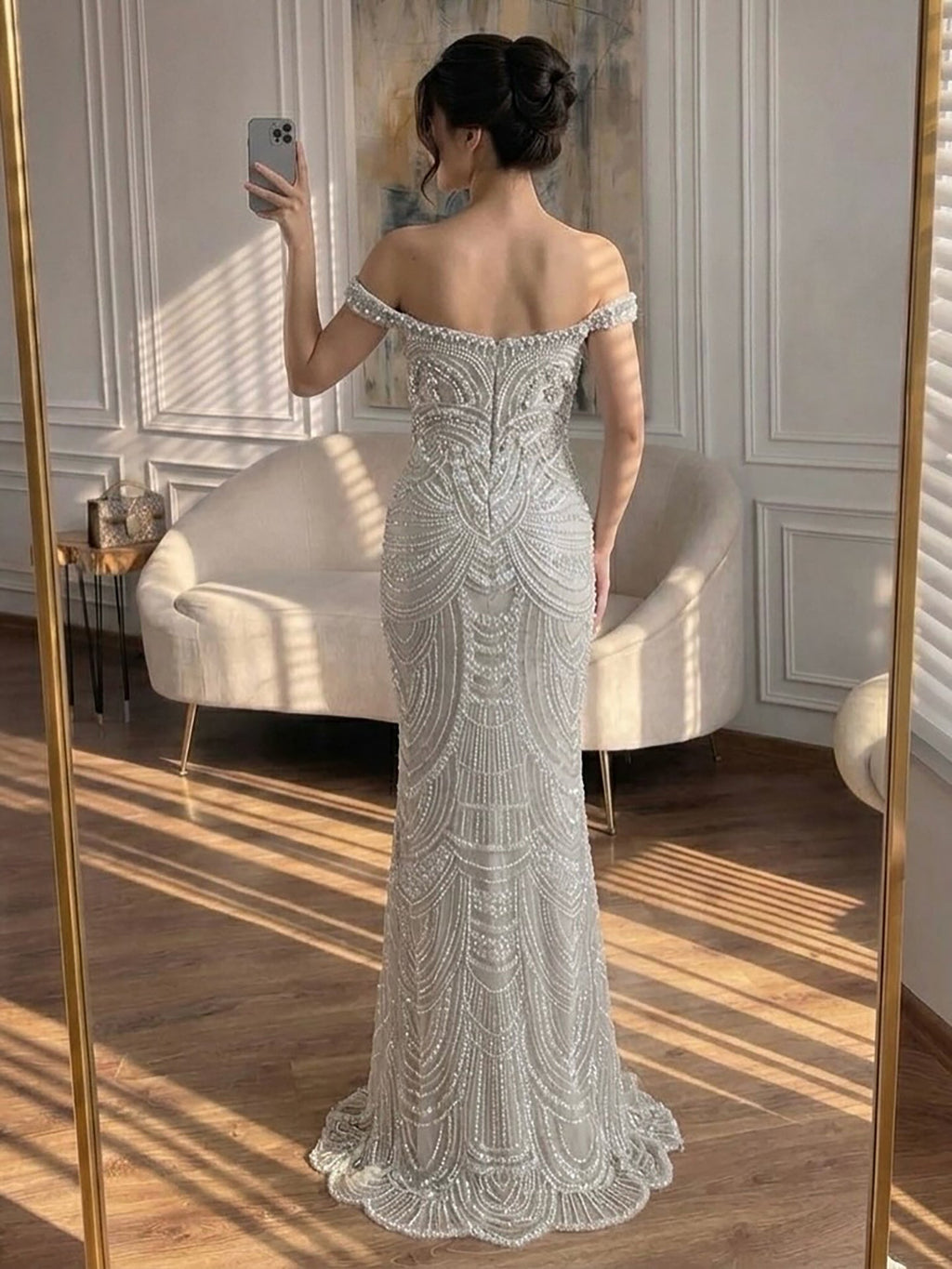 Luxury Silver Nude Crystal Beaded Mermaid Dress LA73740