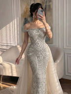 Luxury Silver Nude Crystal Beaded Mermaid Dress LA73740