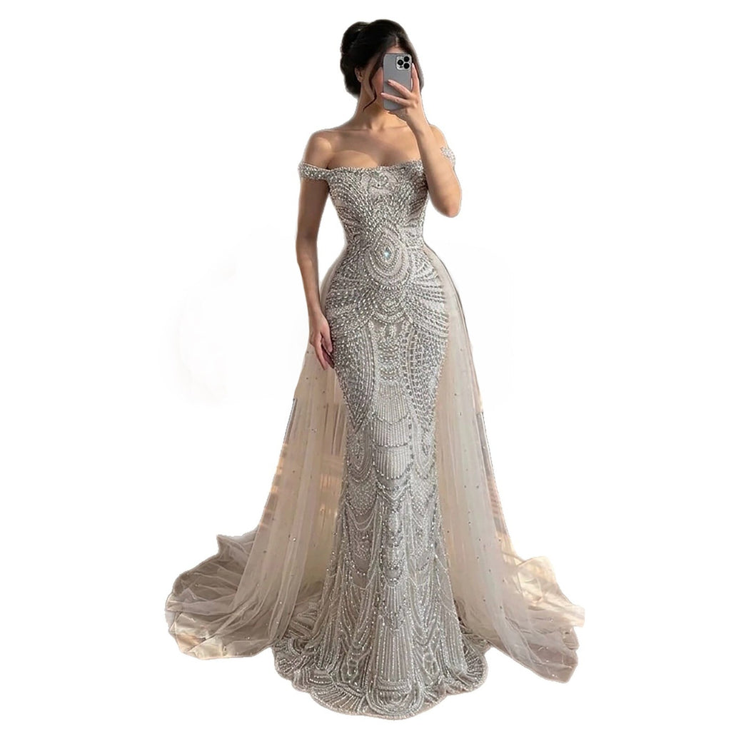 Luxury Silver Nude Crystal Beaded Mermaid Dress LA73740