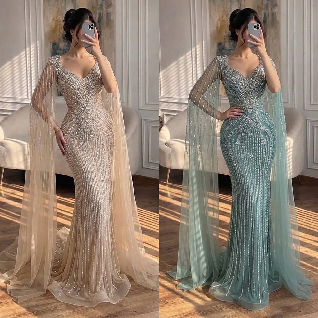 Luxury Nude Beaded Mermaid Evening Dress with Cape CLA73741