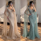 Luxury Nude Beaded Mermaid Evening Dress with Cape CLA73741