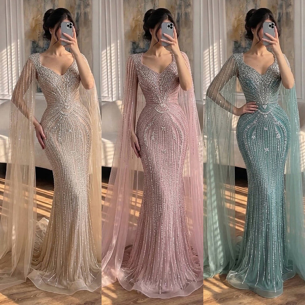 Luxury Nude Beaded Mermaid Evening Dress with Cape CLA73741