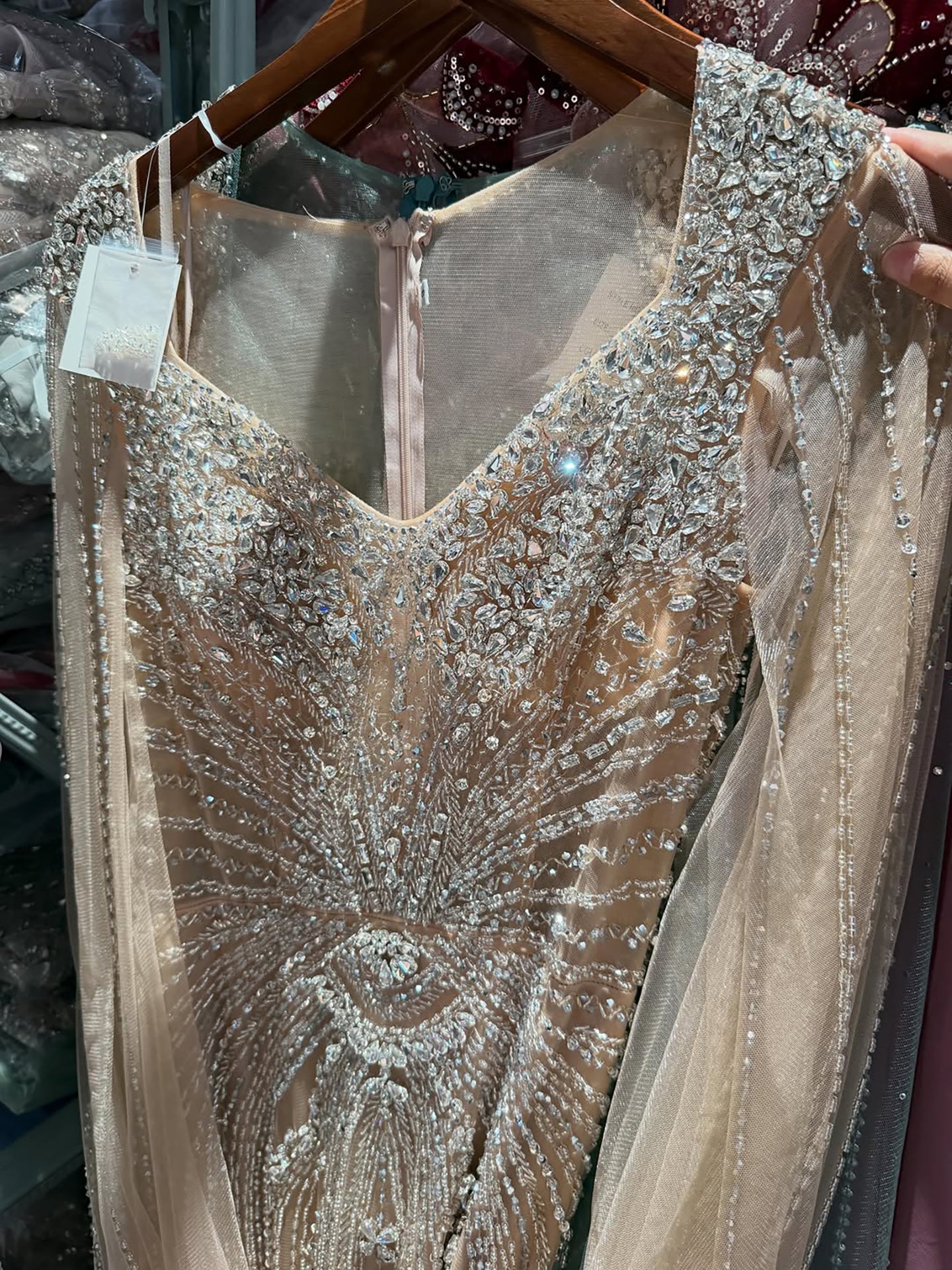 Luxury Nude Beaded Mermaid Evening Dress with Cape CLA73741