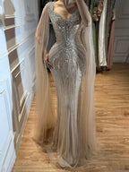 Luxury Nude Beaded Mermaid Evening Dress with Cape CLA73741