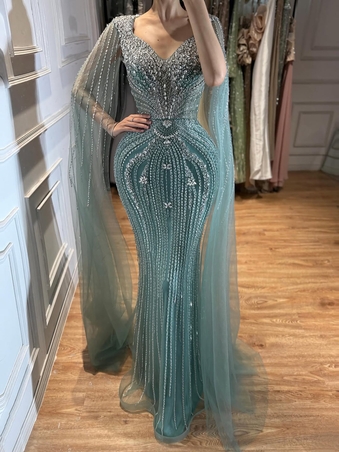 Luxury Nude Beaded Mermaid Evening Dress with Cape CLA73741
