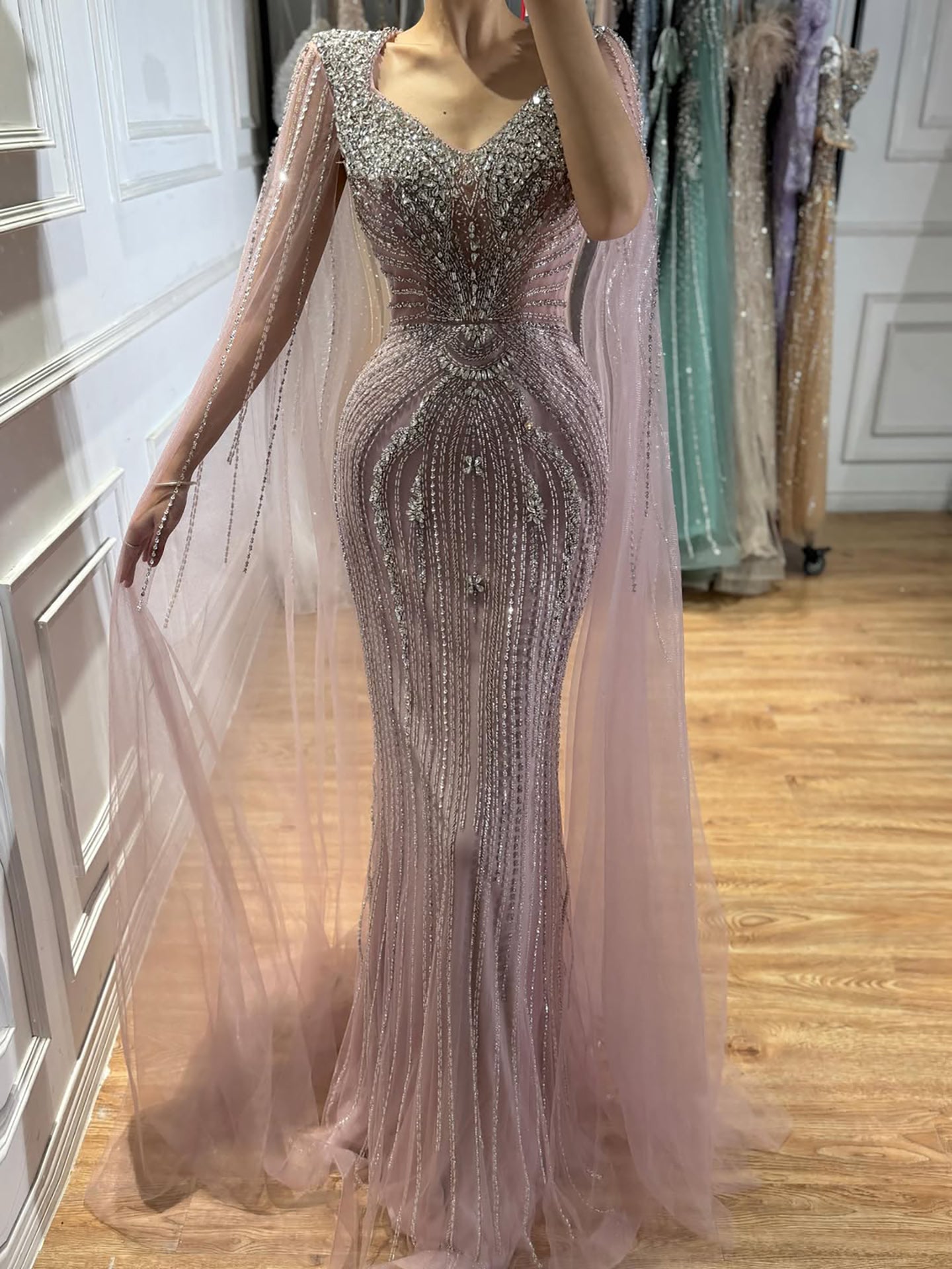 Luxury Nude Beaded Mermaid Evening Dress with Cape CLA73741