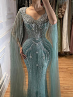Luxury Nude Beaded Mermaid Evening Dress with Cape CLA73741