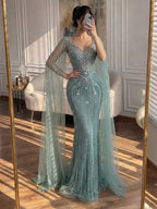 Luxury Nude Beaded Mermaid Evening Dress with Cape CLA73741