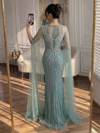 Luxury Nude Beaded Mermaid Evening Dress with Cape CLA73741