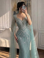Luxury Nude Beaded Mermaid Evening Dress with Cape CLA73741