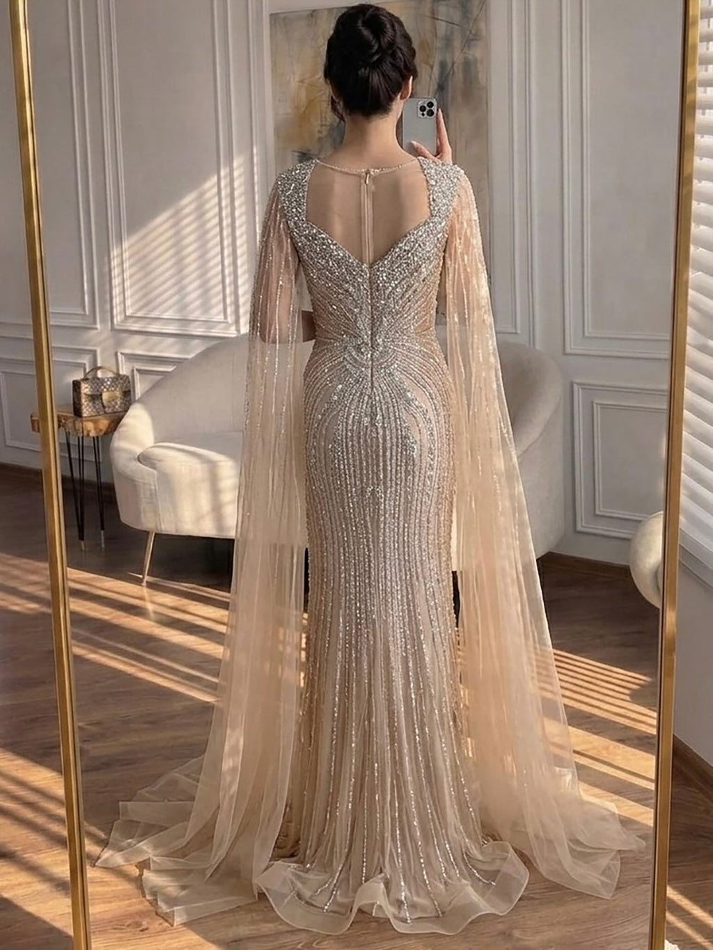 Luxury Nude Beaded Mermaid Evening Dress with Cape CLA73741