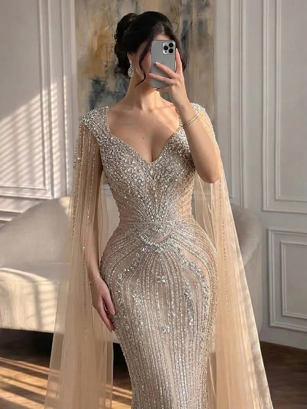 Luxury Nude Beaded Mermaid Evening Dress with Cape CLA73741