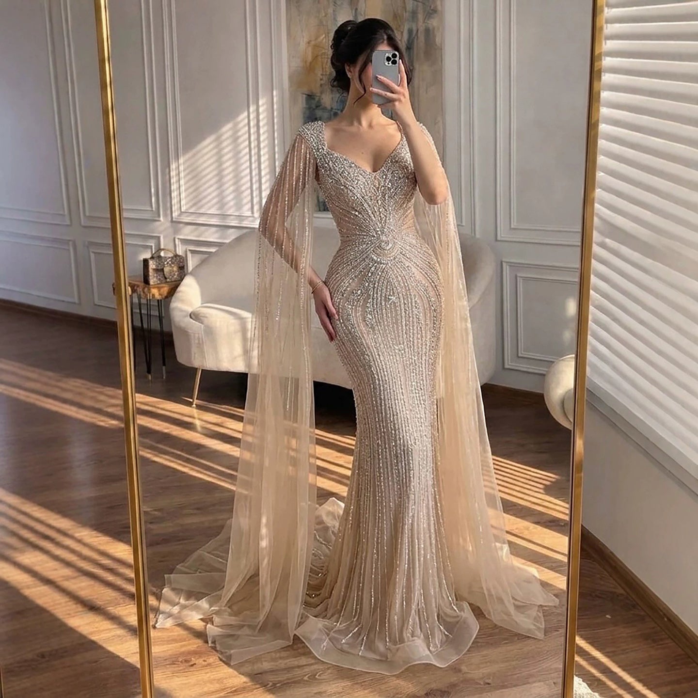Luxury Nude Beaded Mermaid Evening Dress with Cape CLA73741